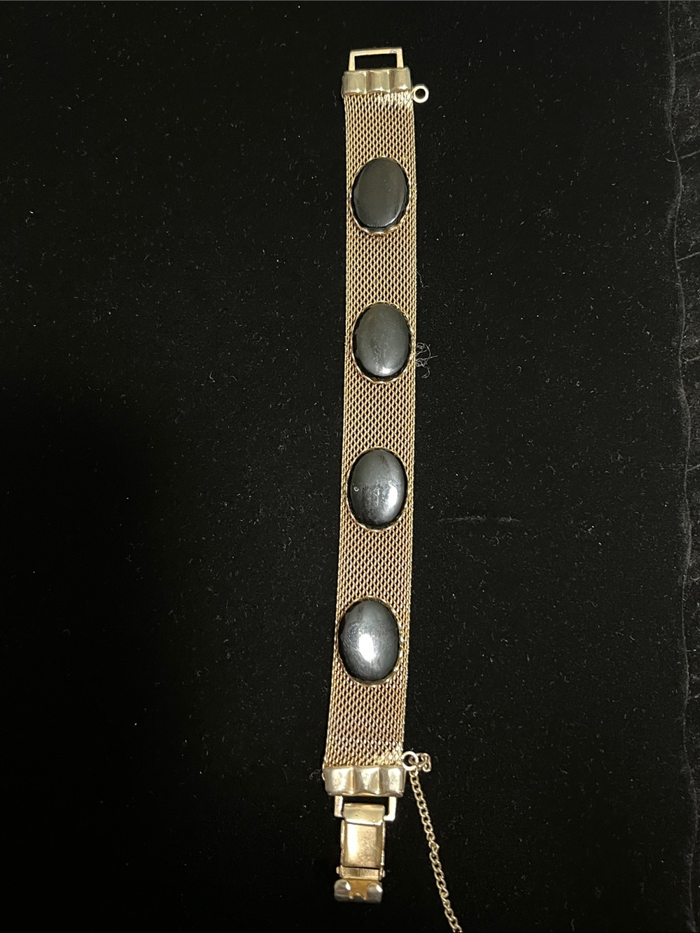 Gold Mesh Bracelet with Black Oval Stones - Women Jewelry